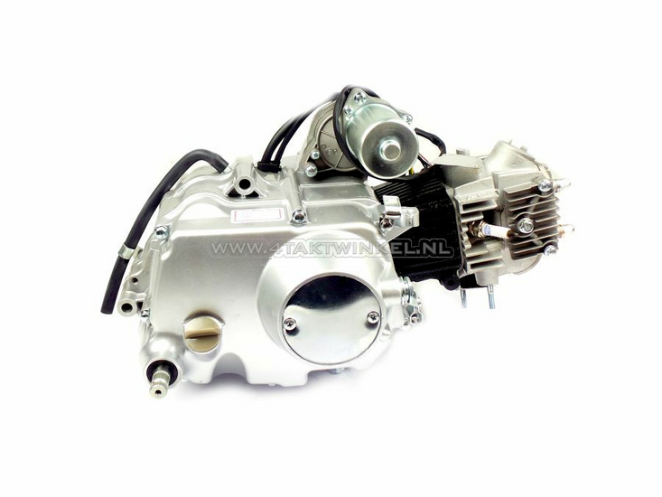 Engine, 70cc, manual clutch, 4-speed, top starter motor, silver