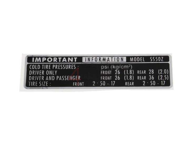 Sticker chain guard tire information, fits SS50