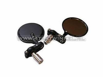 Mirror set, bar end, round, black, with supports