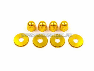 Nut cap set, m10 x 1.25 + rings, aluminum gold